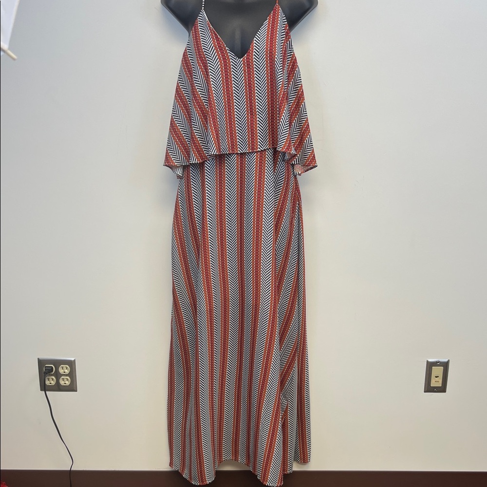 Pink Martini Women’s Spaghetti Strap Striped Orange Red Maxi Dress Size S